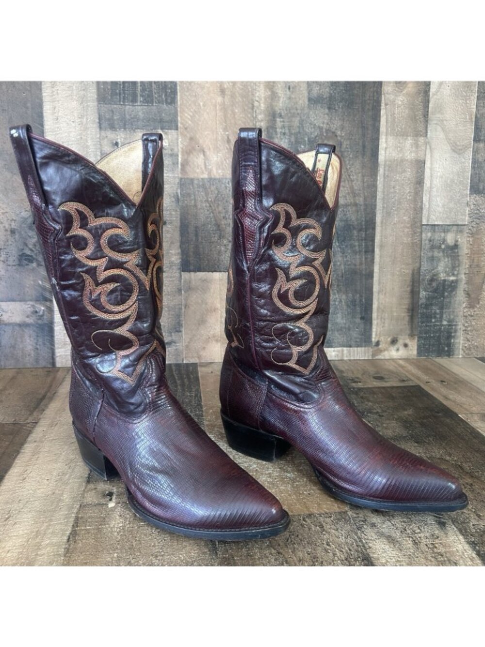 Los Altos Vintage Teju Lizard Burgundy Western Cowboy Boots Mens 10 EE - Picture 4 of 12
